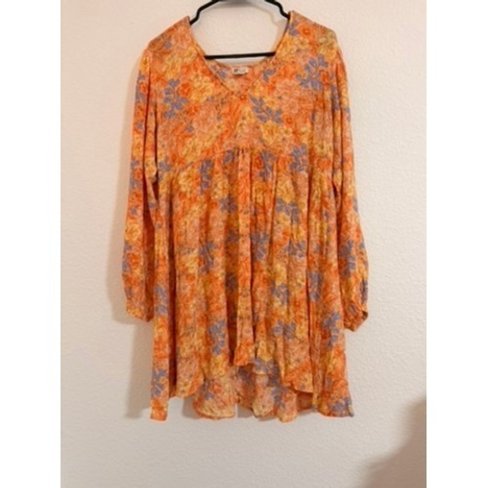 Billabong Orange Floral Long Sleeve V-Neck Babydoll Mini Dress Large Boho Fairy